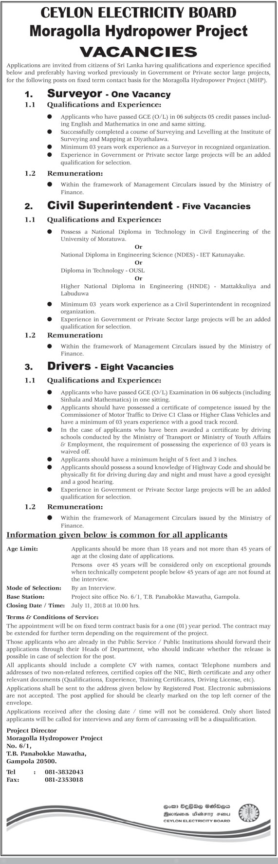 Surveyor, Civil Superintendent, Driver - Ceylon Electricity Board